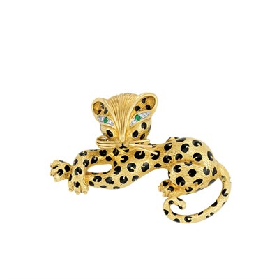 Lot 366 - Gold, Enamel, Diamond and Emerald Leopard Clip-Brooch, Fred