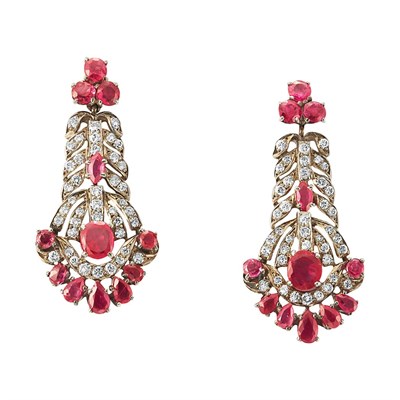 Lot 231 - Pair of Ruby and Diamond Pendant-Earrings