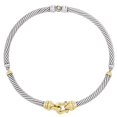 Lot 2 - Sterling Silver, Gold and Cabochon Pink Tourmaline Necklace, David Yurman