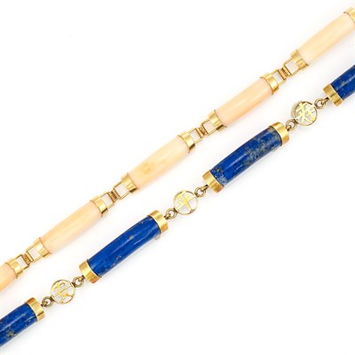 Lot 539 - Two Gold, Lapis and Coral Bracelets