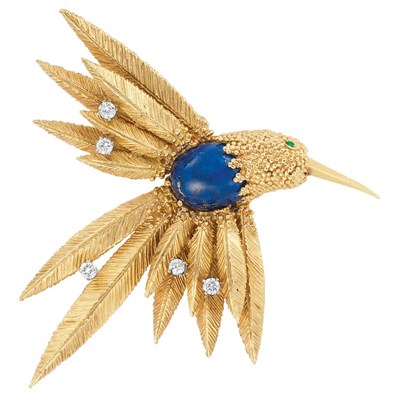 Lot 459 - Gold, Lapis and Diamond Bird Brooch