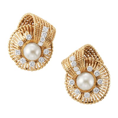 Lot 301 - Pair of Gold, Cultured Pearl and Diamond Earclips