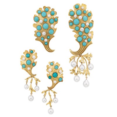 Lot 74 - Group of Gold, Turquoise and Cultured Pearl Jewelry