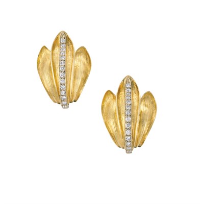 Lot 235 - Pair of Gold and Diamond Leaf Earclips