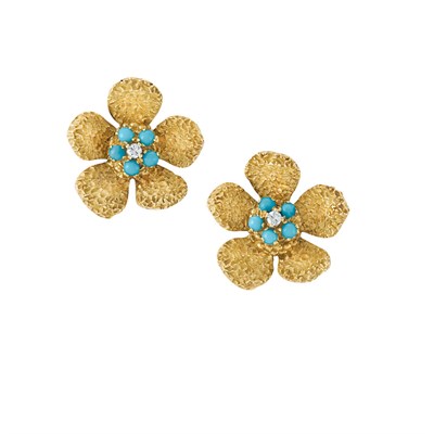 Lot 319 - Pair of Gold, Turquoise and Diamond Flower Earclips, Van Cleef & Arpels