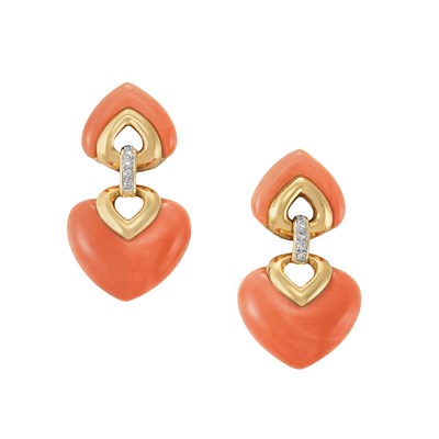 Lot 251 - Pair of Gold, Coral and Diamond Pendant-Earclips