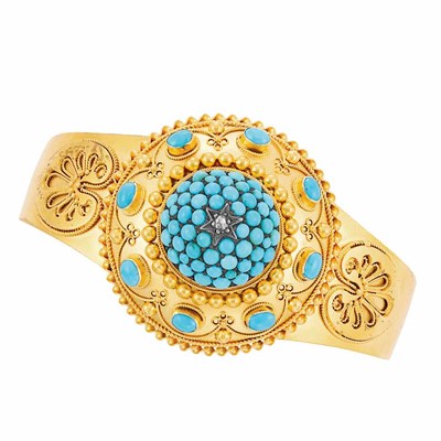 Lot 354 - Antique Gold, Turquoise and Diamond Bangle Bracelet
