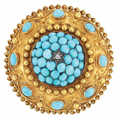 Lot 352 - Antique Gold, Turquoise and Diamond Brooch