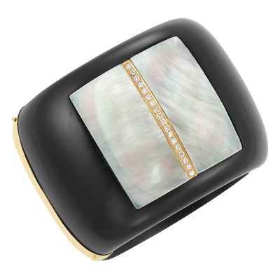 Lot 405 - Wide Jet, Gold, Mother-of-Pearl and Diamond Bangle Bracelet, Kara Ross