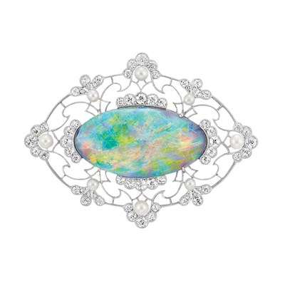 Lot 528 - Edwardian Platinum, Black Opal, Diamond and Pearl Brooch