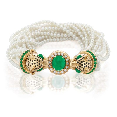 Lot 363 - Multistrand Cultured Pearl, Gold, Emerald, Diamond and Enamel Leopard Torsade Bracelet