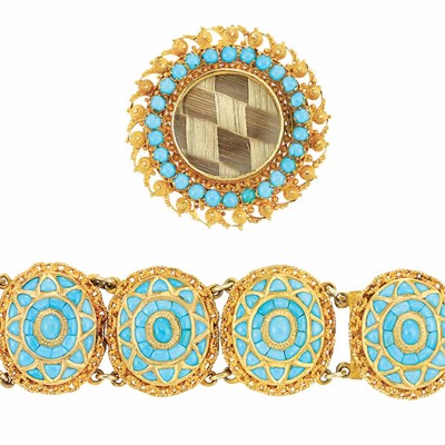 Lot 350 - Antique Gold and Turquoise Bracelet and Mourning Brooch