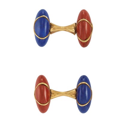 Lot 252 - Pair of Gold, Lapis and Coral Cufflinks, Tiffany & Co.