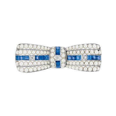 Lot 101 - Edwardian Seed Pearl, Sapphire and Diamond Bow Pin