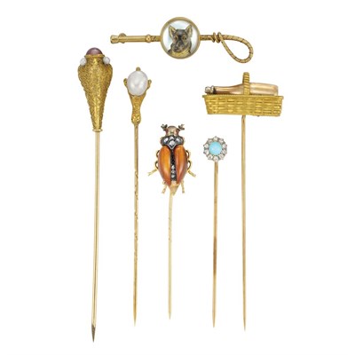 Lot 22 - Group of Antique Gold and Gem-Set Stickpins and Reverse Crystal Intaglio Pin