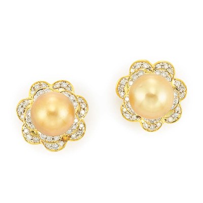 Lot 270 - Pair of Gold, Golden Cultured Pearl and Diamond Flower Earclips