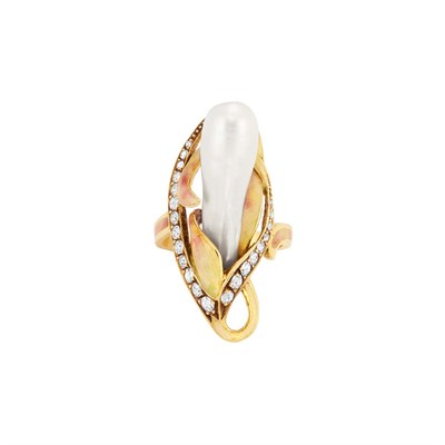 Lot 212 - Gold, Enamel, Freshwater Pearl and Diamond Flower Ring