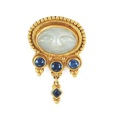 Lot 215 - Gold, Carved Chalcedony and Cabochon Sapphire Pendant-Brooch
