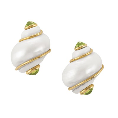 Lot 86 - Pair of Gold, Shell and Peridot Earclips, Seaman Schepps