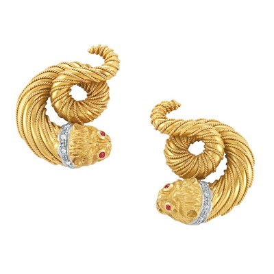 Lot 304 - Pair of Gold, Diamond and Ruby Earclips, Ilias Lalaounis
