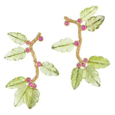 Lot 82 - Pair of Gold, Carved Green Quartz and Ruby Pendant-Earrings