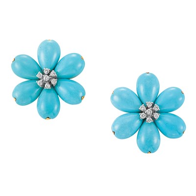 Lot 318 - Pair of Gold, Turquoise and Diamond Flower Earrings