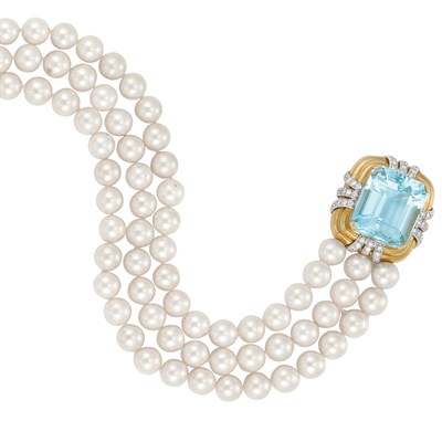 Lot 415 - Triple Strand Cultured Pearl Necklace with Gold, Aquamarine and Diamond Clasp