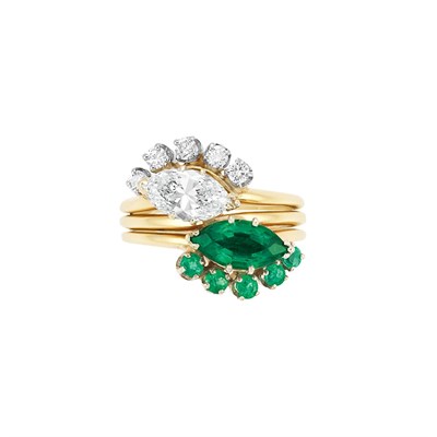 Lot 303 - Gold, Diamond, Emerald and Synthetic Emerald Ring