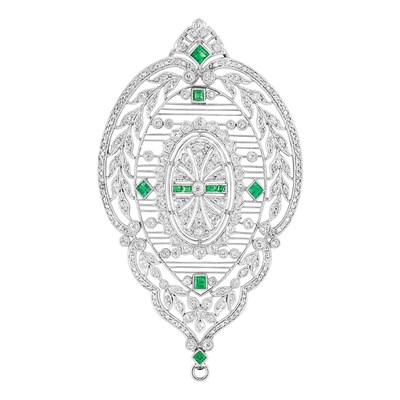 Lot 543 - Belle Epoque Platinum, Diamond and Emerald Pendant-Brooch