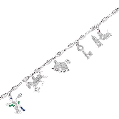 Lot 158 - White Gold, Diamond and Gem-Set Charm Bracelet