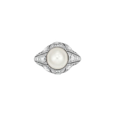 Lot 103 - Platinum, Natural Pearl and Diamond Ring