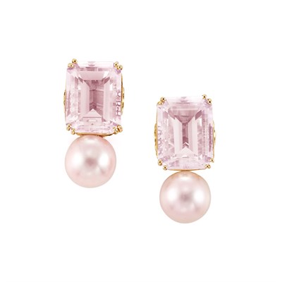 Lot 10 - Pair of Gold, Rose Quartz and Freshwater Pearl Earclips, Adria de Haume