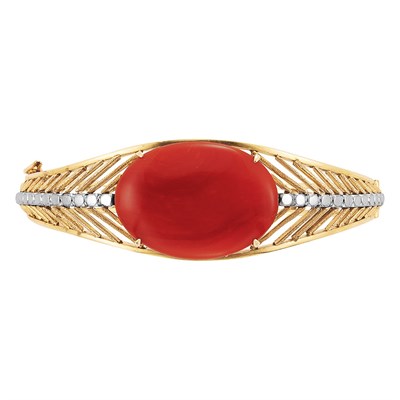 Lot 299 - Two-Color Gold, Oxblood Coral and Diamond Bangle Bracelet