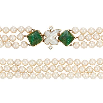 Lot 311 - Triple Strand Cultured Pearl Necklace with Gold, Cabochon Tourmaline, Freshwater Pearl and Diamond Clasp, Christopher Walling