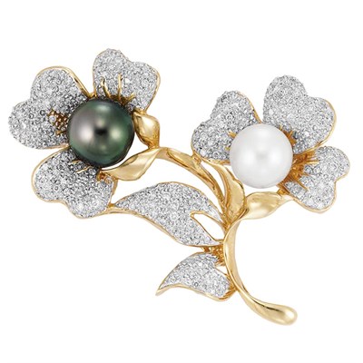 Lot 79 - Two-Color Gold, Black and White Cultured Pearl and Diamond Flower Brooch