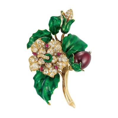 Lot 501 - Antique Gold, Guilloche Enamel, Carbuncle, Diamond and Ruby Flower Brooch