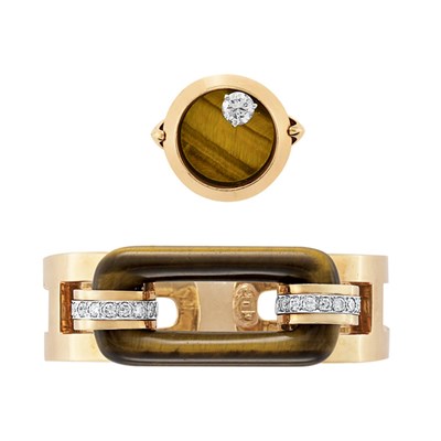 Lot 78 - Gold, Tiger's Eye and Diamond Bangle Bracelet and Ring