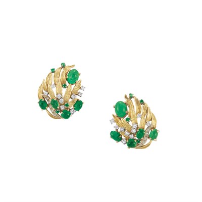 Lot 178 - Pair of Gold, Cabochon Emerald and Diamond Leaf Earclips
