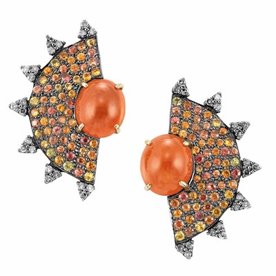 Lot 206 - Pair of Blackened Gold, Cabochon Colored Stone, Multicolored Sapphire and Diamond Earclips