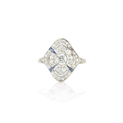 Lot 608 - Platinum, Diamond and Synthetic Sapphire Ring