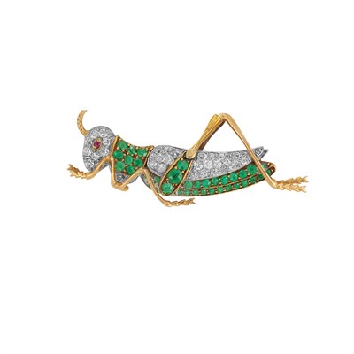 Lot 505 - Gold, Platinum, Diamond and Demantoid Garnet Grasshopper Brooch