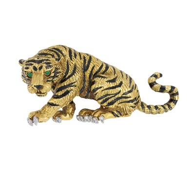 Lot 365 - Gold, Enamel, Diamond and Emerald Tiger Brooch, Tiffany & Co.