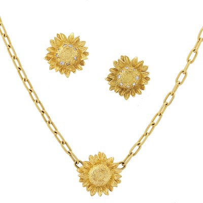 Lot 321 - Pair of Gold and Diamond Sunflower Earrings and Pendant-Necklace, Asprey