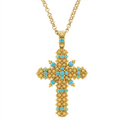Lot 28 - Etruscan Revival Gold and Turquoise Cross Pendant with Chain