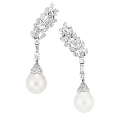 Lot 445 - Pair of Diamond and Cultured Pearl Pendant-Earclips