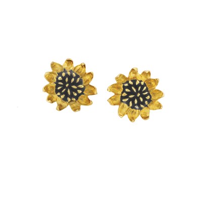 Lot 175 - Pair of Gold and Brown Enamel Sunflower Earrings, Angela Cummings