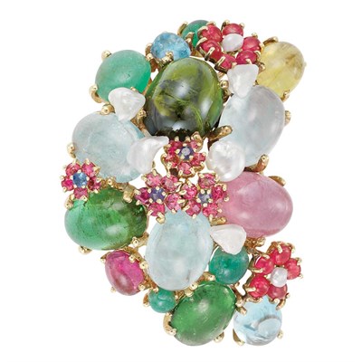 Lot 456 - Gold and Multicolored Cabochon Colored Stone and Freshwater Pearl Clip-Brooch, by Seaman Schepps