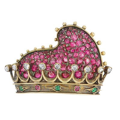 Lot 513 - Antique Gold, Ruby, Diamond and Emerald Crown Brooch