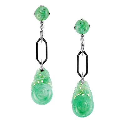 Lot 540 - Pair of Art Deco Platinum, Carved Jade, Diamond and Black Enamel Pendant-Earrings