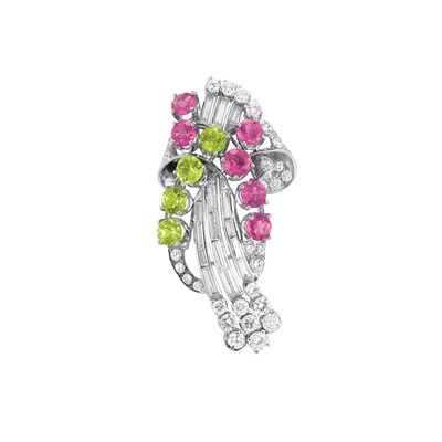 Lot 435 - Platinum, Diamond, Pink Tourmaline and Peridot Clip-Brooch